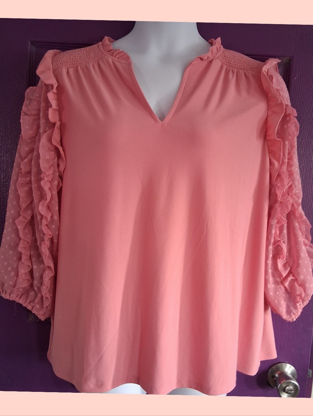 Women's Coral Ruffle Sleeve V-Neck Blouse